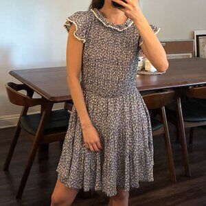 Blu Pepper Navy and Off White Printed Dress with Smocking
